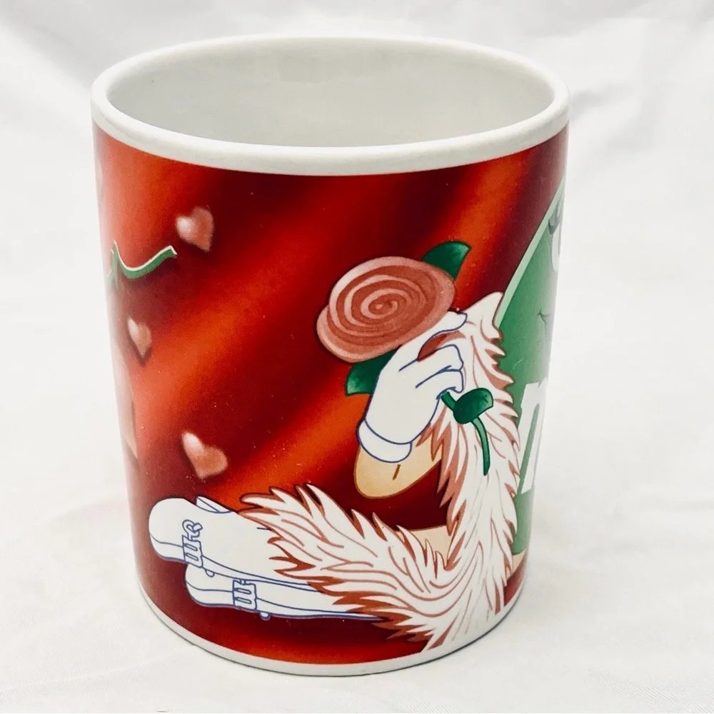 Coffee Mug - Green M&M, White Feather Boa and Pink Rose, EUC
